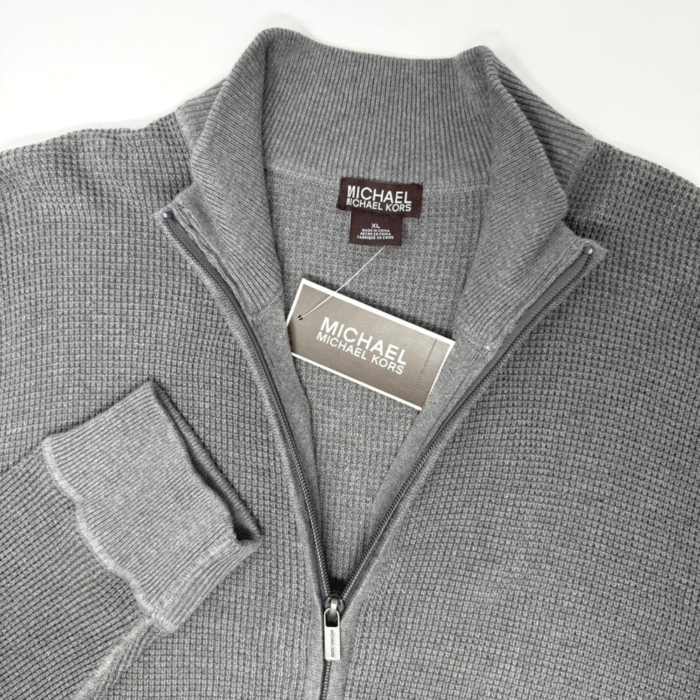 Michael Kors Mens XL Ash Melange Grey Waffle Knit Full Zip Sweater NEW